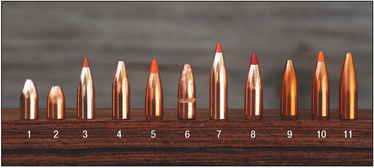 Eleven bullets were used to test loads in the 220 Swift: (1) Speer 30-grain TNT Green HP, (2) Winchester 34 HP, (3) Nosler 35 Ballistic Tip LF, (4) Barnes 36 Varmint Grenade, (5) Nosler 40 Ballistic Tip (lead), (6) Speer 43 TNT Green HP, (7) Nosler 50 Ballistic Tip LF, (8) Hornady 52 ELD Match, (9) Sierra 52 HPBT Match, (10) Nosler 55 Ballistic Tip (lead) and (11) Hornady 60-grain HP.